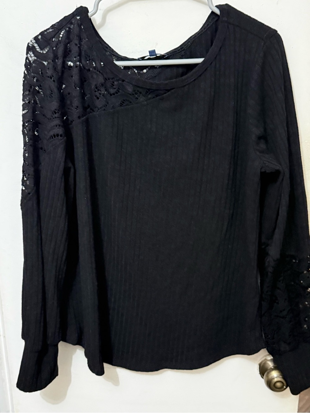 Democracy Black Long-Sleeve Lace-Shoulder Top